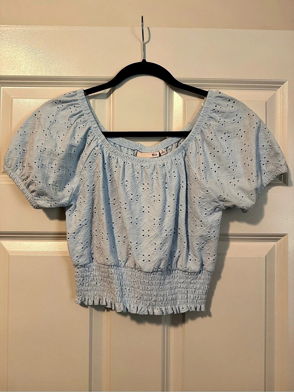 SO Blue Puff Sleeve Crop Top